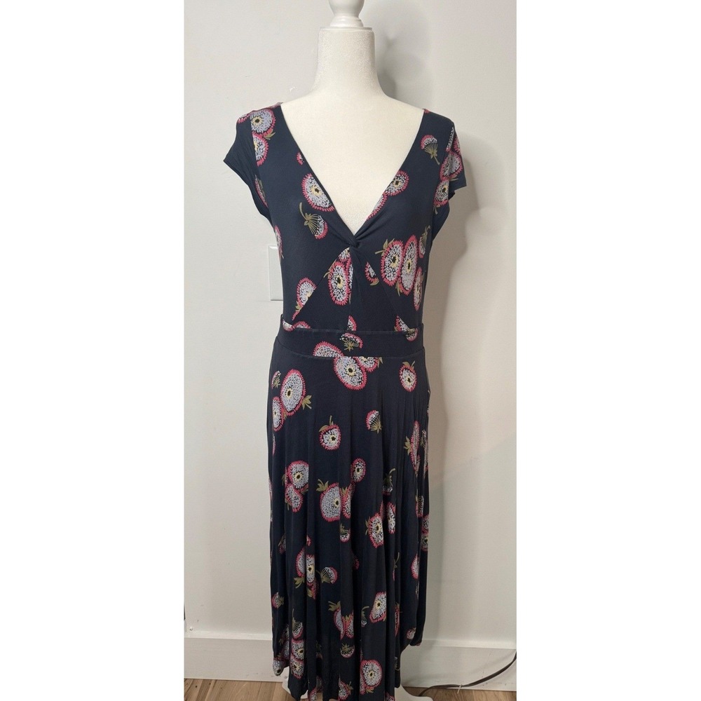 Boden Navy Pink Floral Twist Front‎ V-Neck Midi Dress Womens US 10L UK 14L